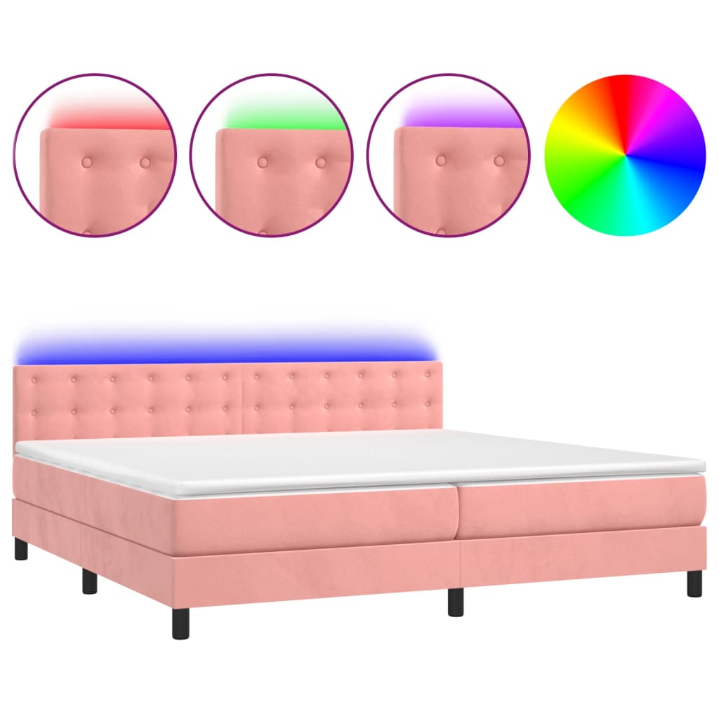 vidaXL Κρεβάτι Boxspring με Στρώμα & LED Ροζ 200x200 εκ. Βελούδινο