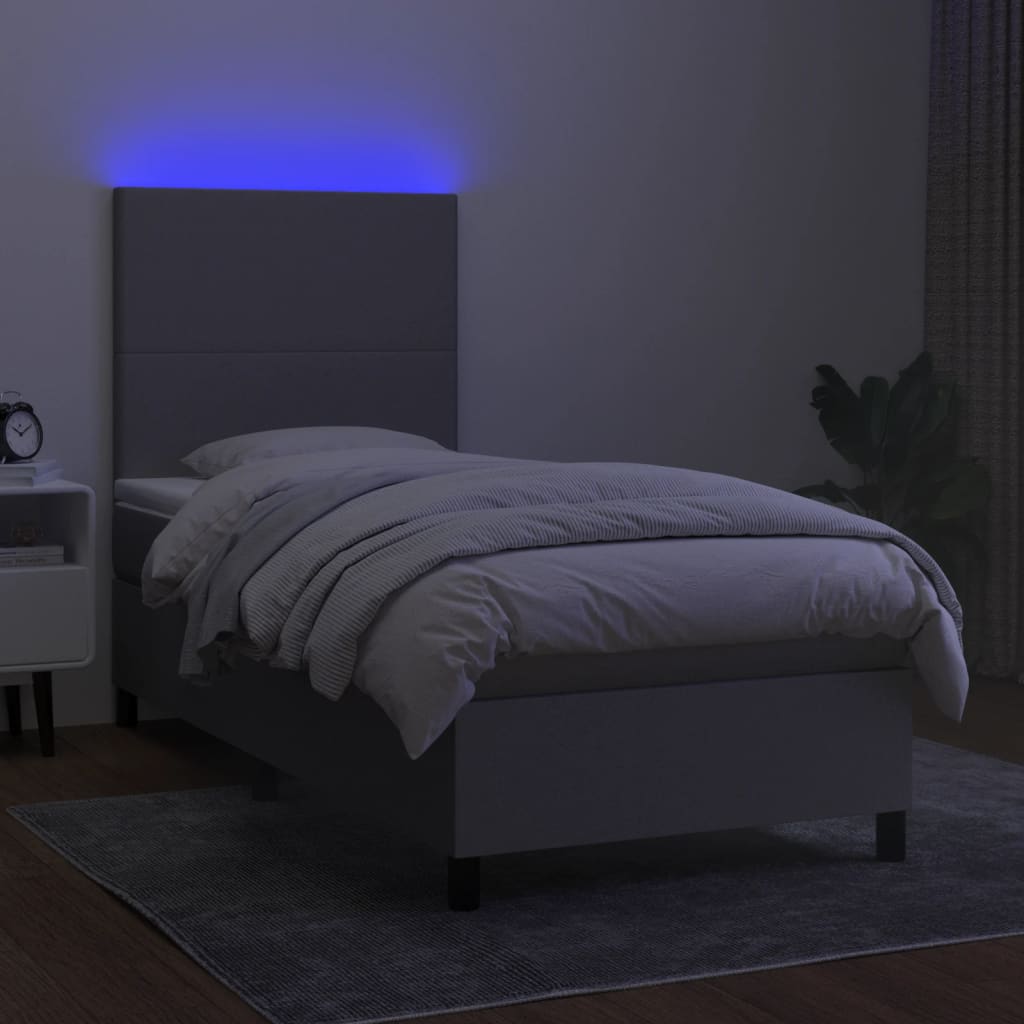 vidaXL Κρεβάτι Boxspring με Στρώμα & LED Αν.Γκρι 90x200 εκ. Υφασμάτινο