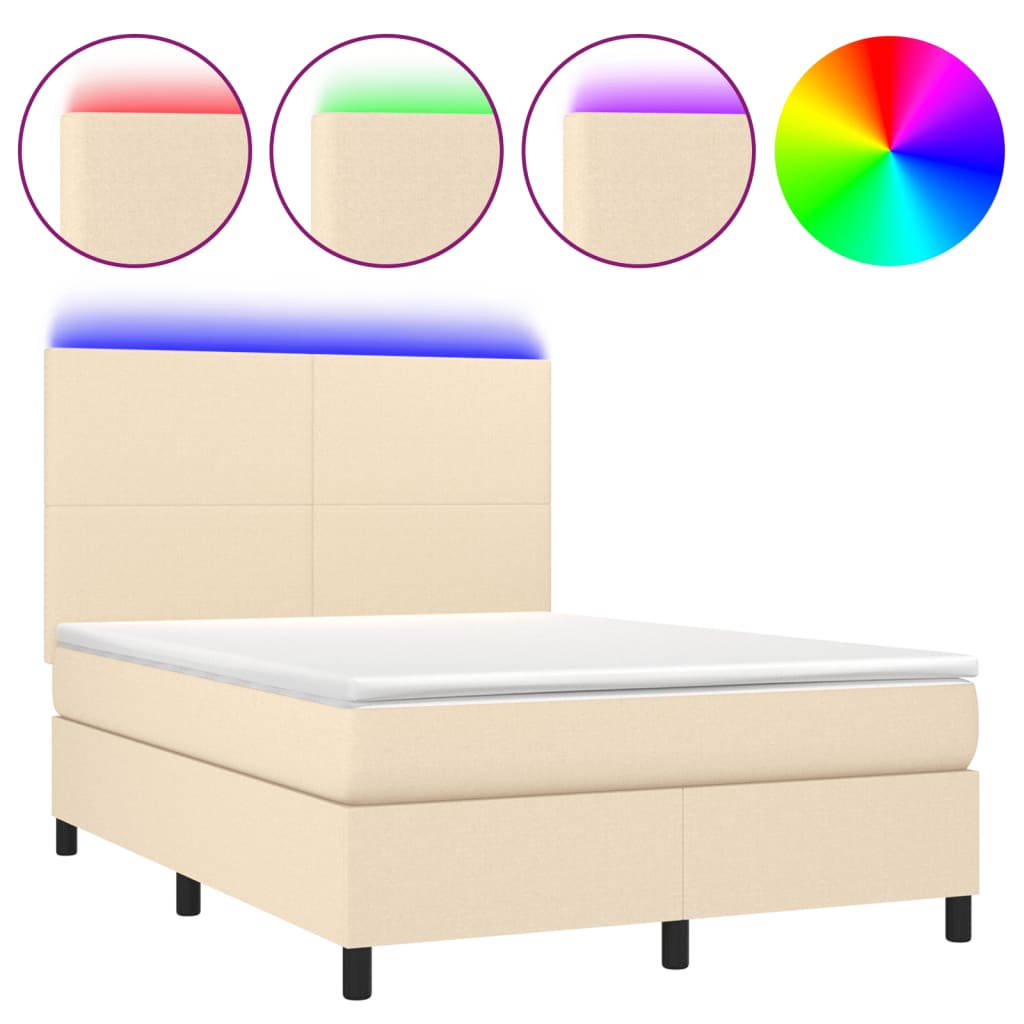vidaXL Κρεβάτι Boxspring με Στρώμα & LED Κρεμ 140x190 εκ. Υφασμάτινο
