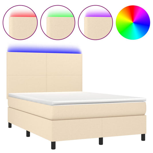 vidaXL Κρεβάτι Boxspring με Στρώμα & LED Κρεμ 140x190 εκ. Υφασμάτινο