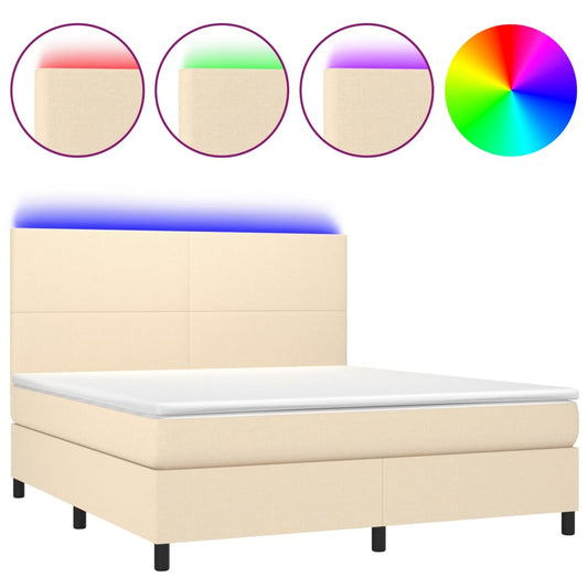 vidaXL Κρεβάτι Boxspring με Στρώμα & LED Κρεμ 180x200 εκ. Υφασμάτινο
