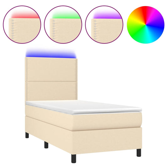 vidaXL Κρεβάτι Boxspring με Στρώμα & LED Κρεμ 90x190 εκ. Υφασμάτινο
