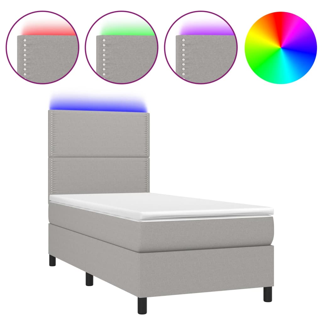 vidaXL Κρεβάτι Boxspring με Στρώμα & LED Αν.Γκρι 90x200 εκ. Υφασμάτινο