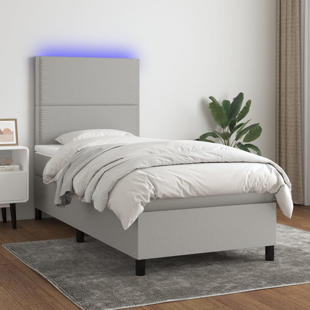 vidaXL Κρεβάτι Boxspring με Στρώμα & LED Αν.Γκρι 90x200 εκ. Υφασμάτινο