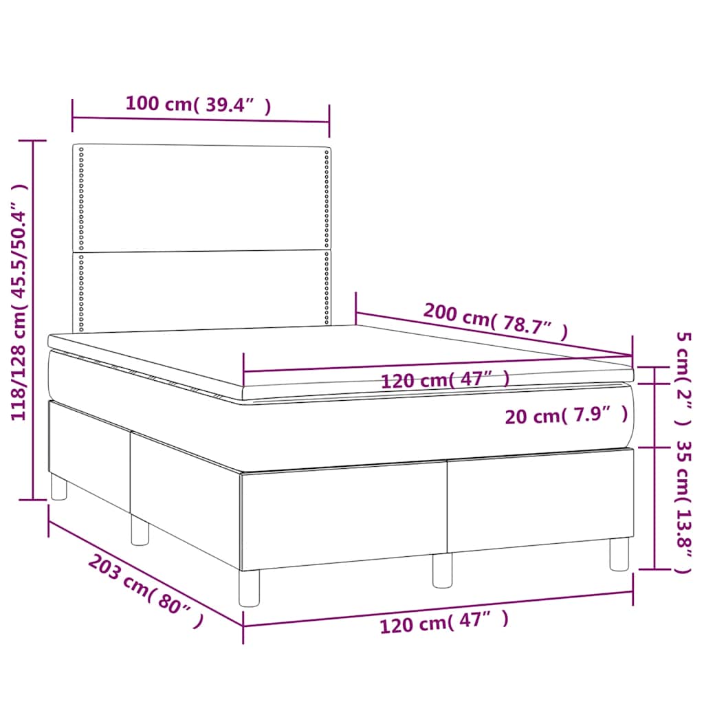 vidaXL Κρεβάτι Boxspring με Στρώμα & LED Μαύρο 120x200 εκ. Υφασμάτινο