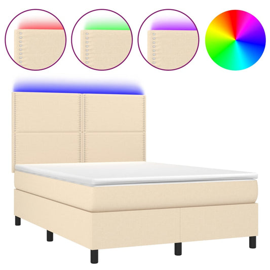 vidaXL Κρεβάτι Boxspring με Στρώμα & LED Κρεμ 140x190 εκ. Υφασμάτινο