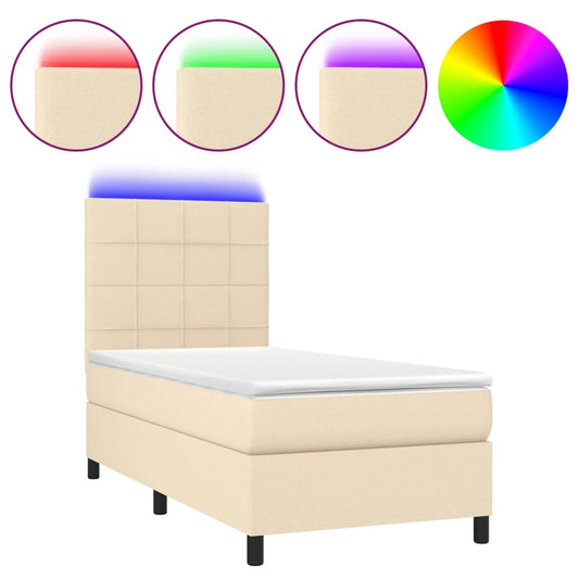vidaXL Κρεβάτι Boxspring με Στρώμα & LED Κρεμ 90x200 εκ. Υφασμάτινο