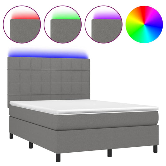 vidaXL Κρεβάτι Boxspring με Στρώμα & LED Σκ.Γκρι 140x200 εκ Υφασμάτινο