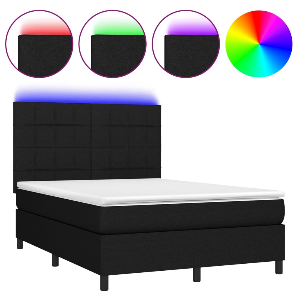 vidaXL Κρεβάτι Boxspring με Στρώμα & LED Μαύρο 140x200 εκ. Υφασμάτινο