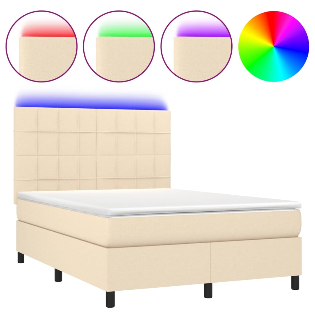 vidaXL Κρεβάτι Boxspring με Στρώμα & LED Κρεμ 140x200 εκ. Υφασμάτινο