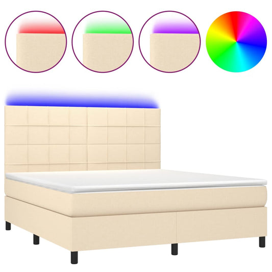 vidaXL Κρεβάτι Boxspring με Στρώμα & LED Κρεμ 180x200 εκ. Υφασμάτινο