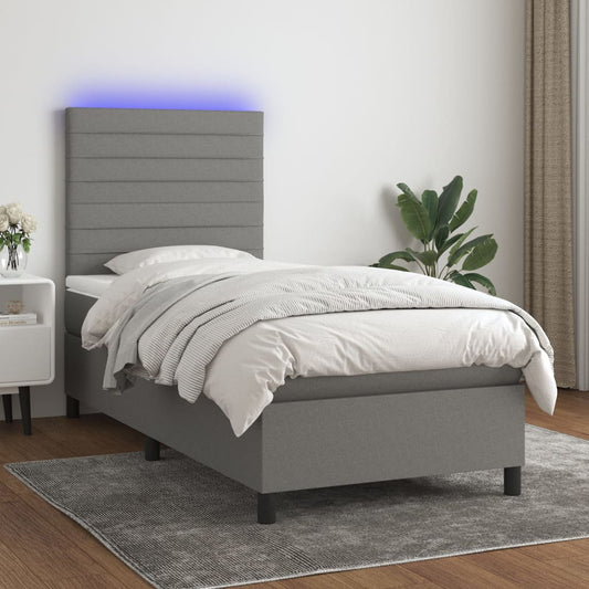 vidaXL Κρεβάτι Boxspring με Στρώμα & LED Σκ.Γκρι 90x190 εκ. Υφασμάτινο