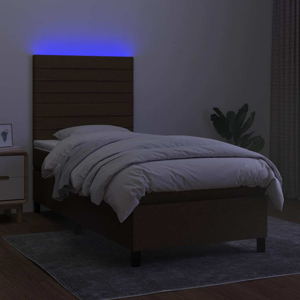 vidaXL Κρεβάτι Boxspring με Στρώμα & LED Σκ.Καφέ 90x200 εκ. Υφασμάτινο
