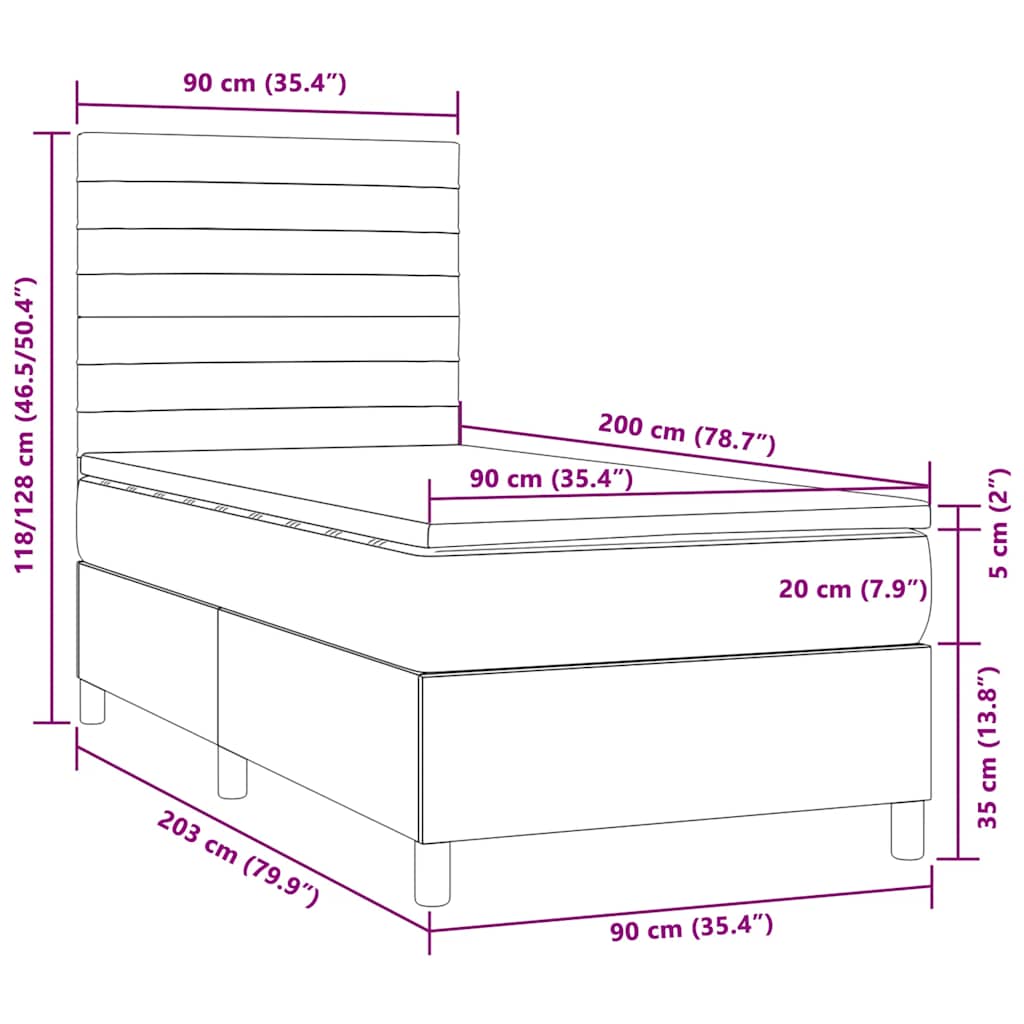 vidaXL Κρεβάτι Boxspring με Στρώμα & LED Σκ.Καφέ 90x200 εκ. Υφασμάτινο