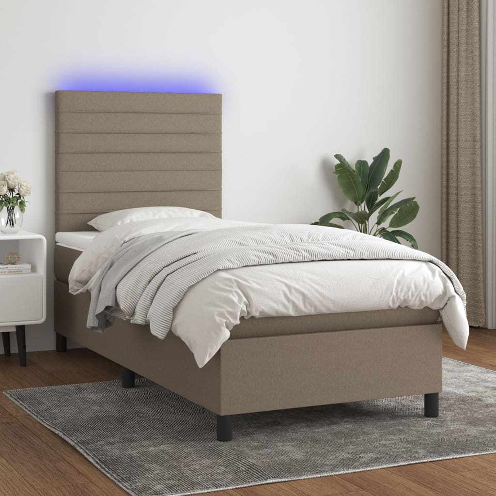 vidaXL Κρεβάτι Boxspring με Στρώμα & LED Taupe 90x200 εκ. Υφασμάτινο