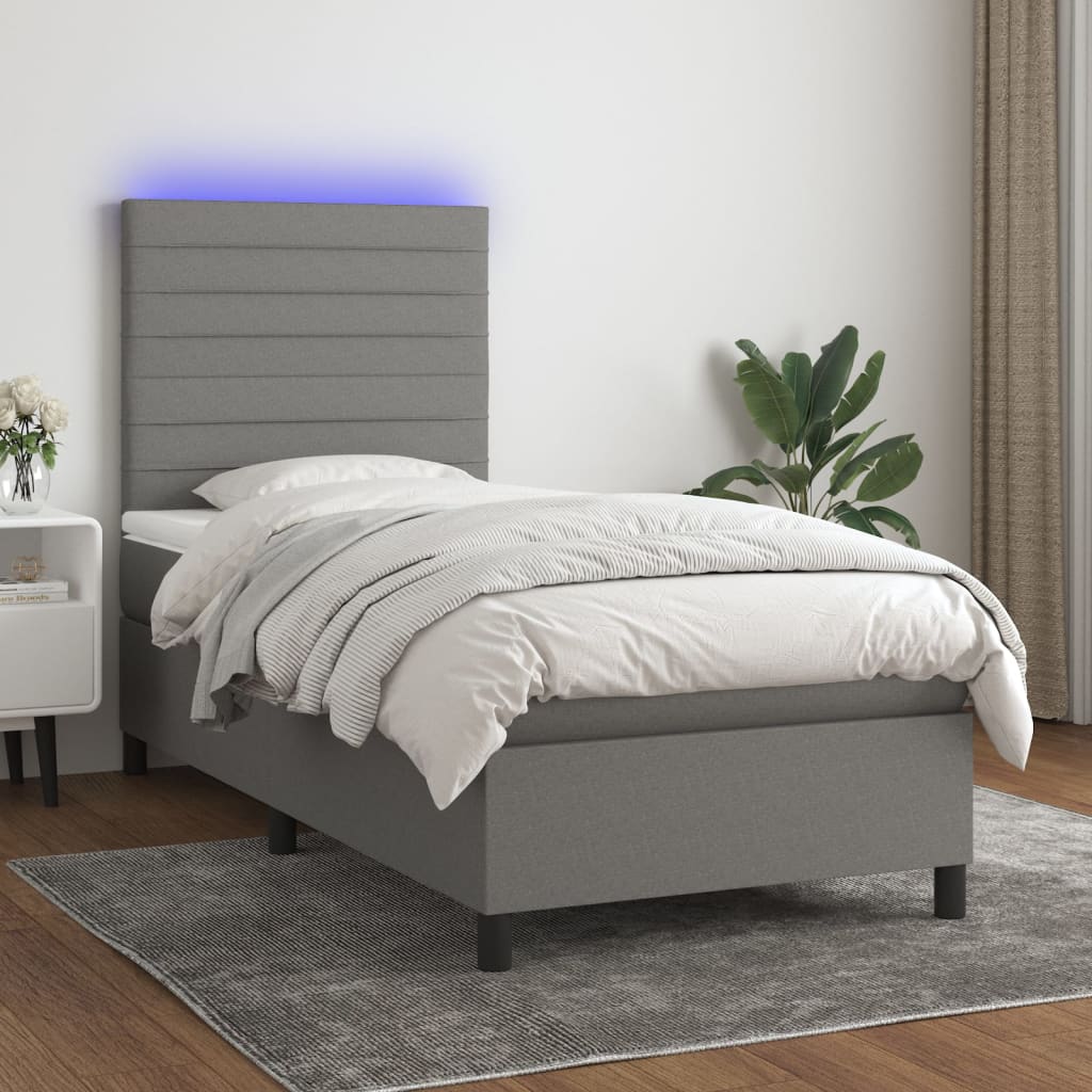 vidaXL Κρεβάτι Boxspring με Στρώμα & LED Σκ.Γκρι 100x200 εκ Υφασμάτινο