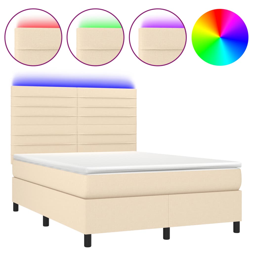 vidaXL Κρεβάτι Boxspring με Στρώμα & LED Κρεμ 140x200 εκ. Υφασμάτινο