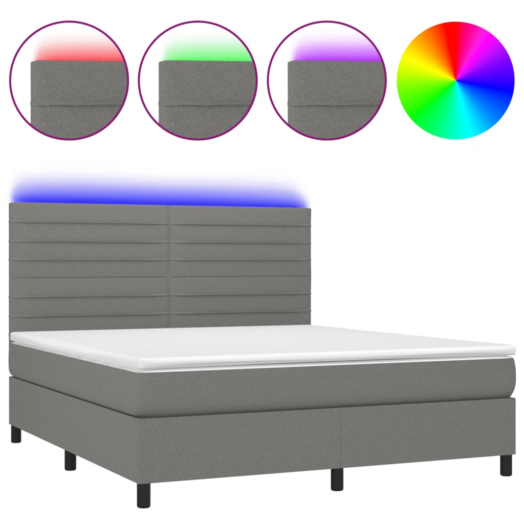 vidaXL Κρεβάτι Boxspring με Στρώμα & LED Σκ.Γκρι 180x200 εκ Υφασμάτινο