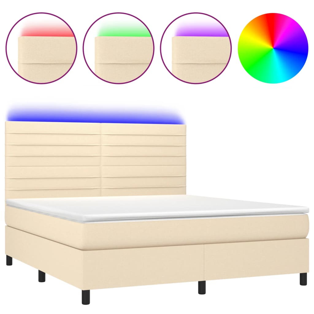 vidaXL Κρεβάτι Boxspring με Στρώμα & LED Κρεμ 180x200 εκ. Υφασμάτινο