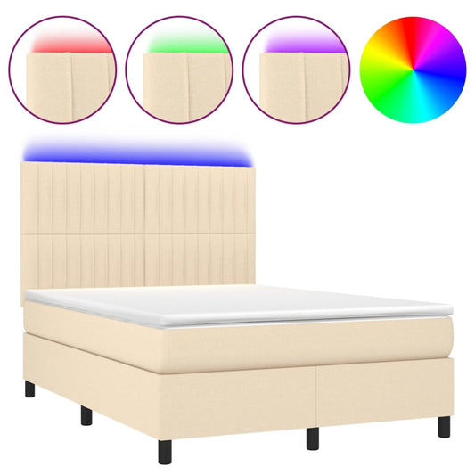 vidaXL Κρεβάτι Boxspring με Στρώμα & LED Κρεμ 140x190 εκ. Υφασμάτινο