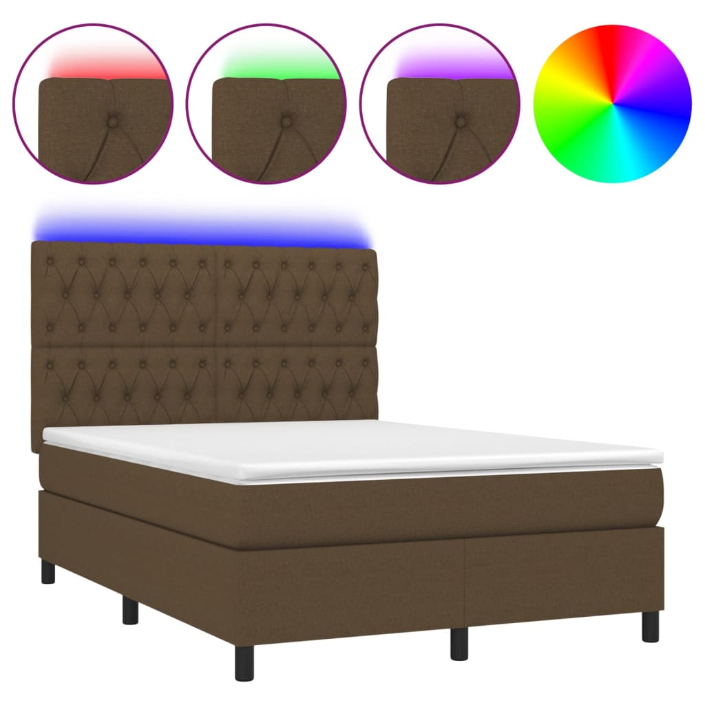 vidaXL Κρεβάτι Boxspring με Στρώμα & LED Σκ.Καφέ 140x190εκ. Υφασμάτινο