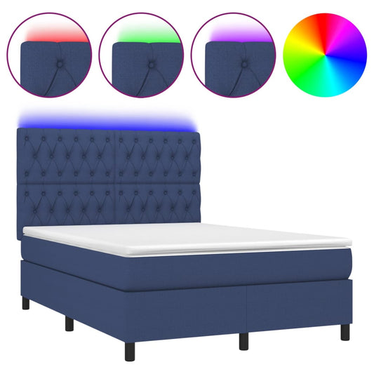 vidaXL Κρεβάτι Boxspring με Στρώμα & LED Μπλε 140x190 εκ. Υφασμάτινο