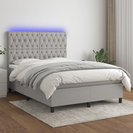 vidaXL Κρεβάτι Boxspring με Στρώμα & LED Αν.Γκρι 140x200εκ. Υφασμάτινο