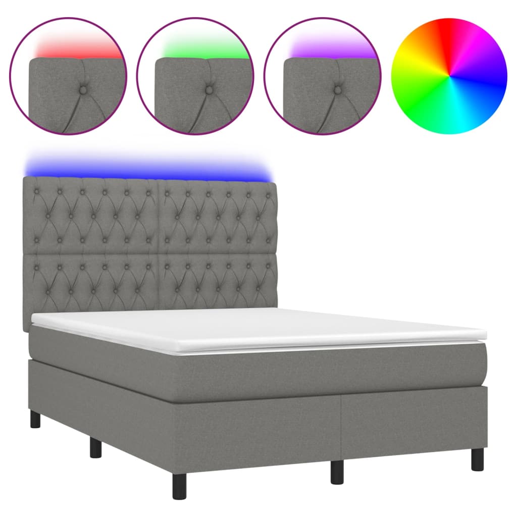 vidaXL Κρεβάτι Boxspring με Στρώμα & LED Σκ.Γκρι 140x200 εκ Υφασμάτινο