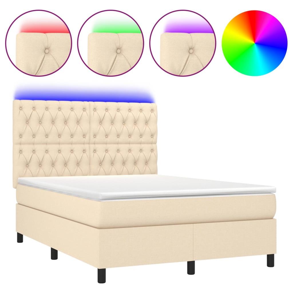 vidaXL Κρεβάτι Boxspring με Στρώμα & LED Κρεμ 140x200 εκ. Υφασμάτινο