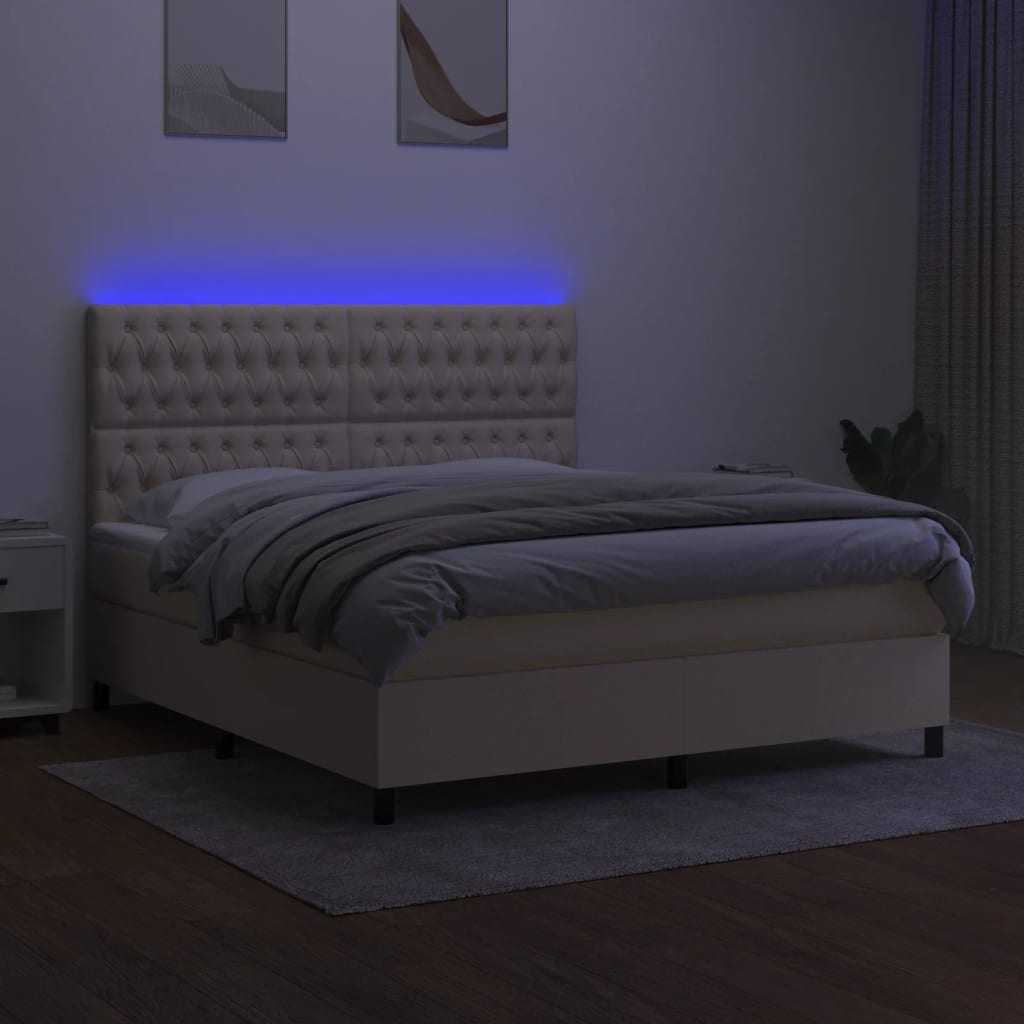 vidaXL Κρεβάτι Boxspring με Στρώμα & LED Κρεμ 180x200 εκ. Υφασμάτινο