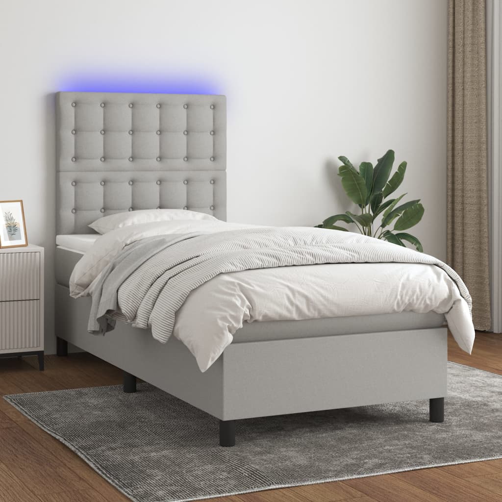 vidaXL Κρεβάτι Boxspring με Στρώμα & LED Αν.Γκρι 100x200εκ. Υφασμάτινο