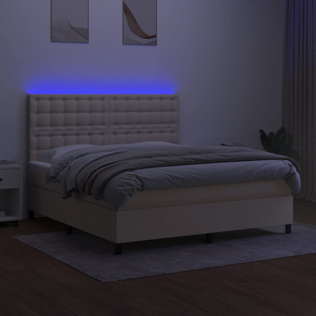 vidaXL Κρεβάτι Boxspring με Στρώμα & LED Κρεμ 180x200 εκ. Υφασμάτινο