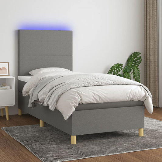 vidaXL Κρεβάτι Boxspring με Στρώμα & LED Σκ.Γκρι 90x190 εκ. Υφασμάτινο
