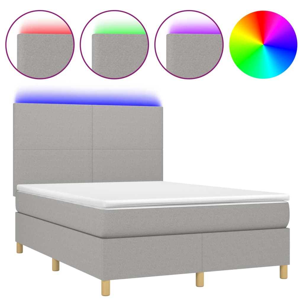 vidaXL Κρεβάτι Boxspring με Στρώμα & LED Αν.Γκρι 140x200εκ. Υφασμάτινο