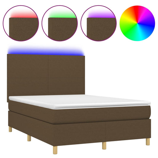 vidaXL Κρεβάτι Boxspring με Στρώμα & LED Σκ.Καφέ 140x200 εκ Υφασμάτινο