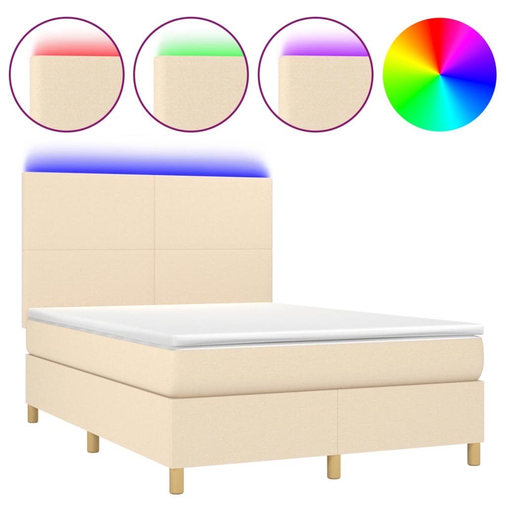 vidaXL Κρεβάτι Boxspring με Στρώμα & LED Κρεμ 140x200 εκ. Υφασμάτινο
