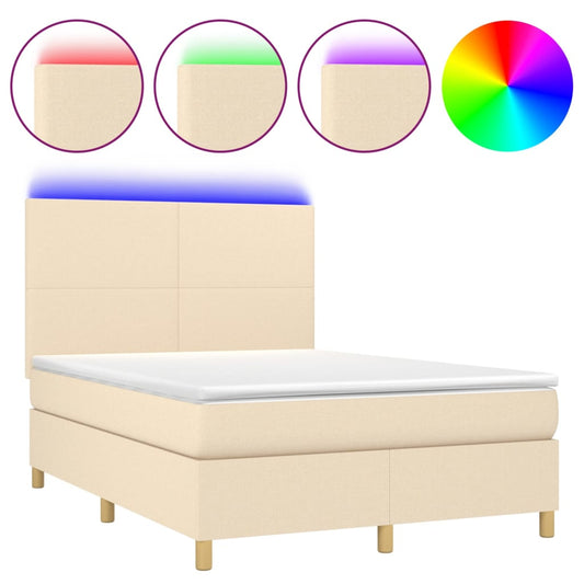 vidaXL Κρεβάτι Boxspring με Στρώμα & LED Κρεμ 140x200 εκ. Υφασμάτινο