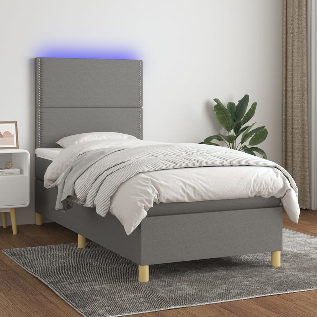 vidaXL Κρεβάτι Boxspring με Στρώμα & LED Σκ.Γκρι 100x200 εκ Υφασμάτινο