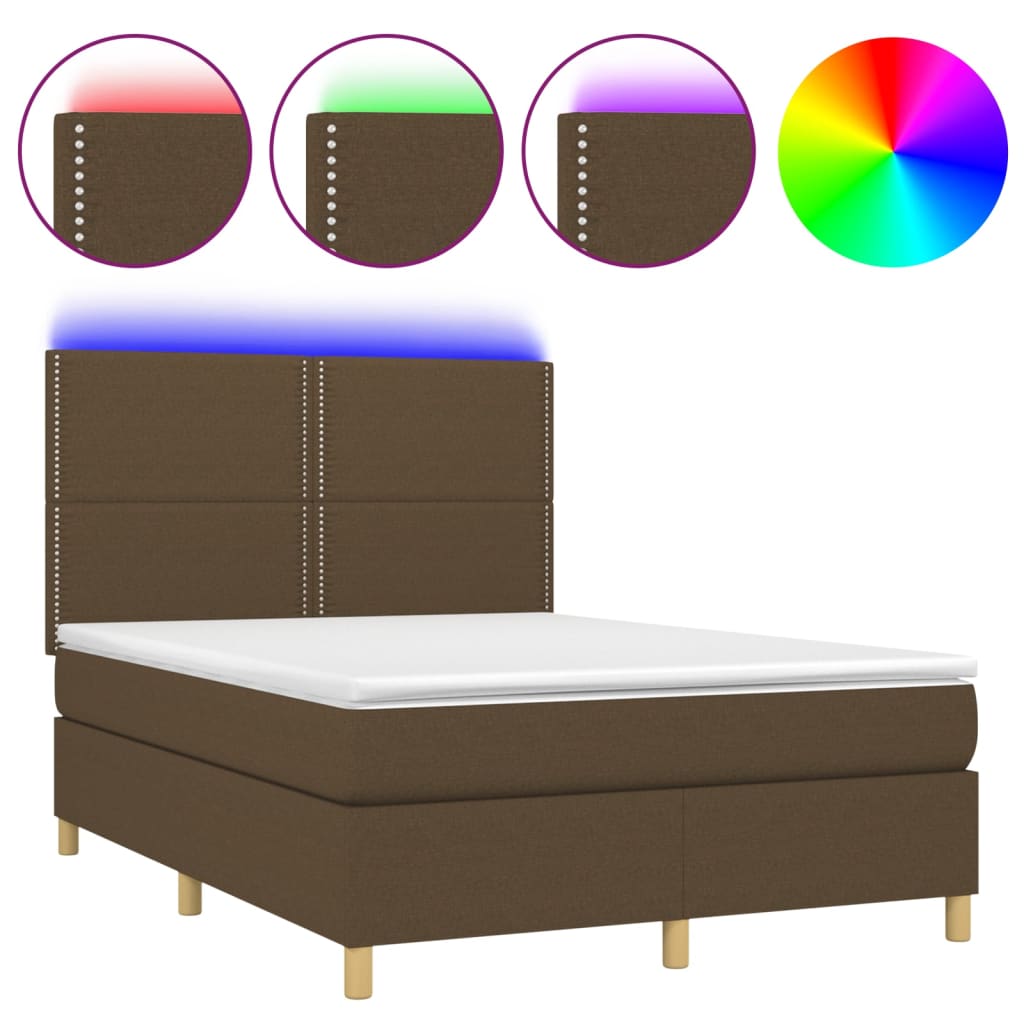 vidaXL Κρεβάτι Boxspring με Στρώμα & LED Σκ.Καφέ 140x190εκ. Υφασμάτινο