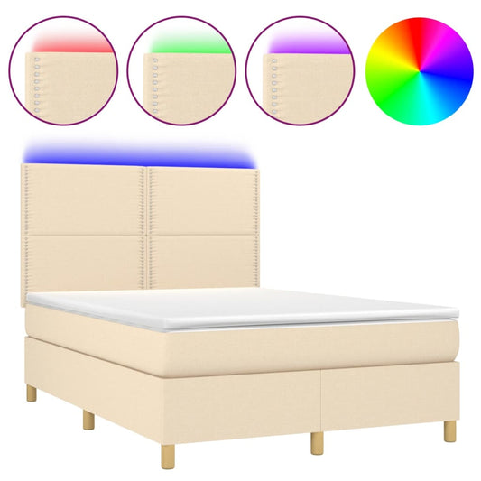 vidaXL Κρεβάτι Boxspring με Στρώμα & LED Κρεμ 140x190 εκ. Υφασμάτινο