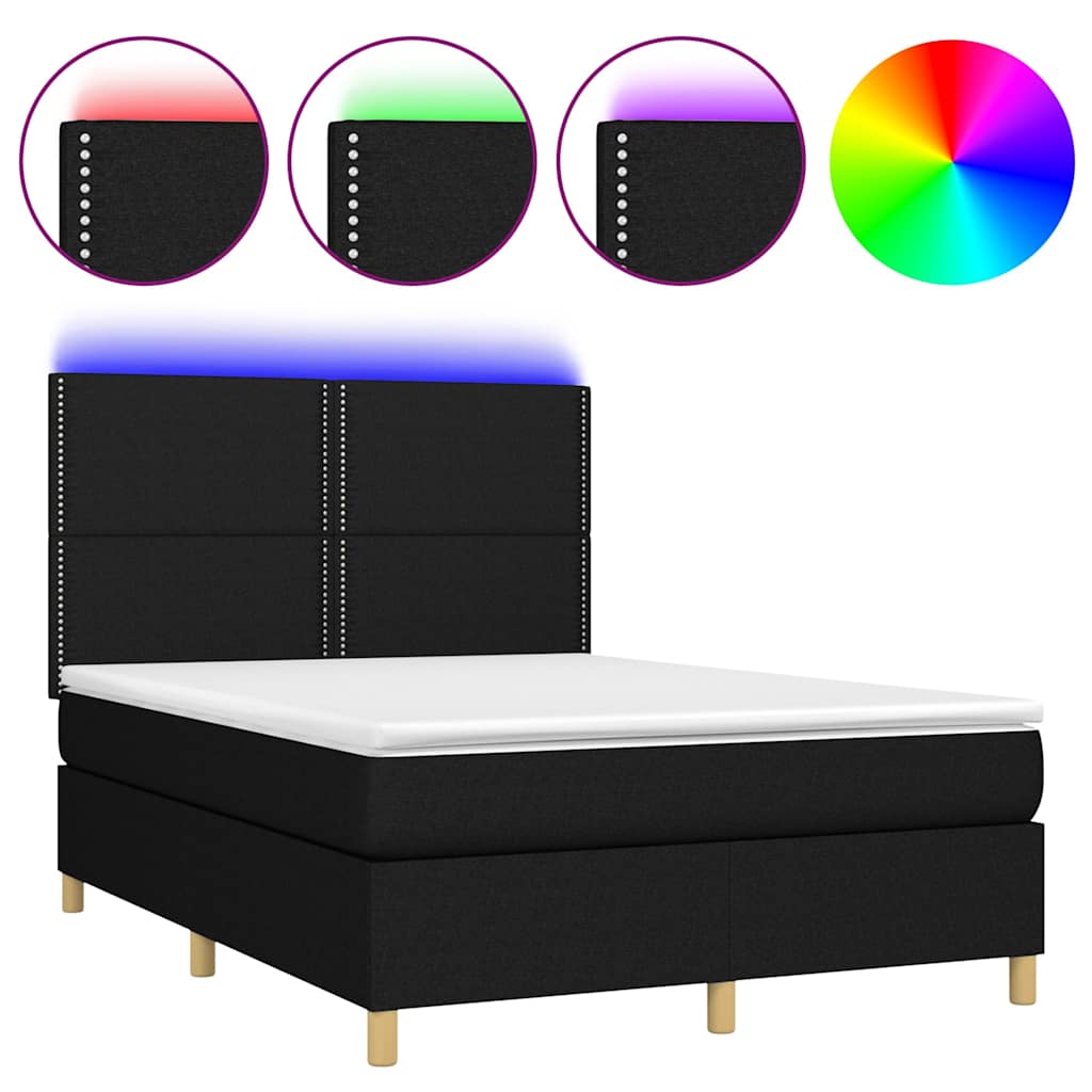 vidaXL Κρεβάτι Boxspring με Στρώμα & LED Μαύρο 140x200 εκ. Υφασμάτινο