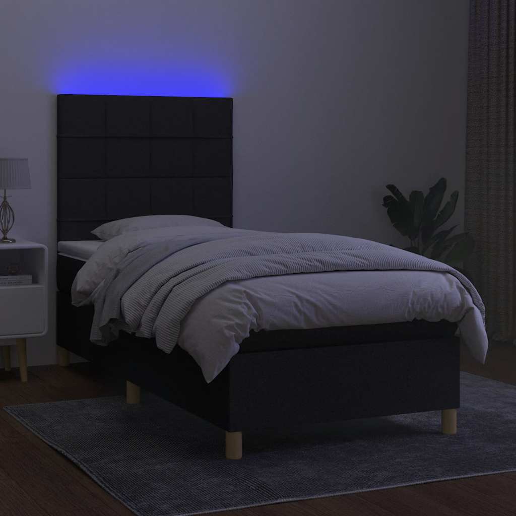 vidaXL Κρεβάτι Boxspring με Στρώμα & LED Μαύρο 90x200 εκ. Υφασμάτινο