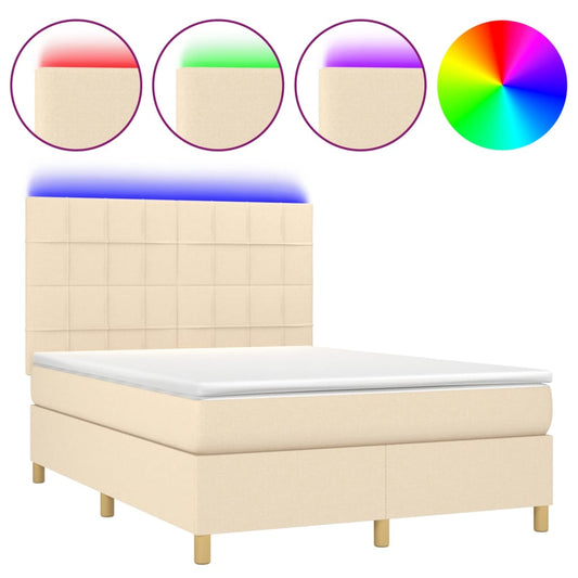 vidaXL Κρεβάτι Boxspring με Στρώμα & LED Κρεμ 140x200 εκ. Υφασμάτινο