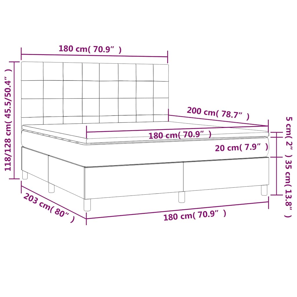 vidaXL Κρεβάτι Boxspring με Στρώμα & LED Σκ.Καφέ 180x200εκ. Υφασμάτινο
