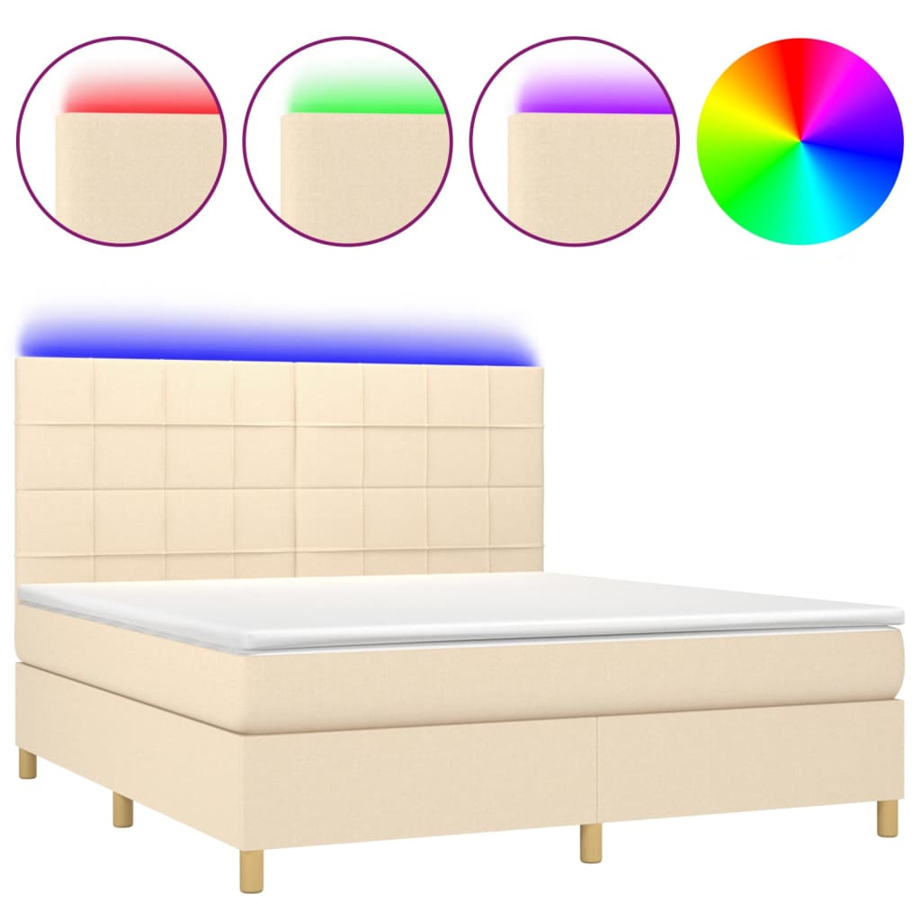 vidaXL Κρεβάτι Boxspring με Στρώμα & LED Κρεμ 180x200 εκ. Υφασμάτινο