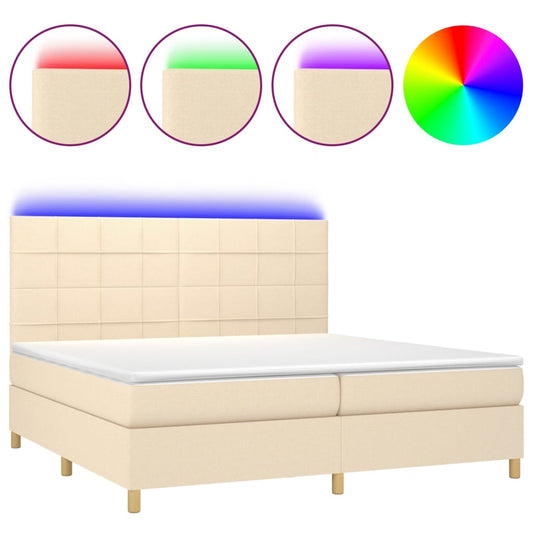 vidaXL Κρεβάτι Boxspring με Στρώμα & LED Κρεμ 200x200 εκ. Υφασμάτινο