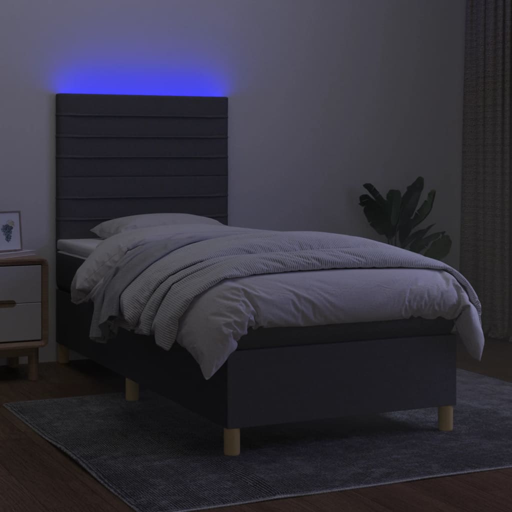 vidaXL Κρεβάτι Boxspring με Στρώμα & LED Σκ.Γκρι 90x190 εκ. Υφασμάτινο