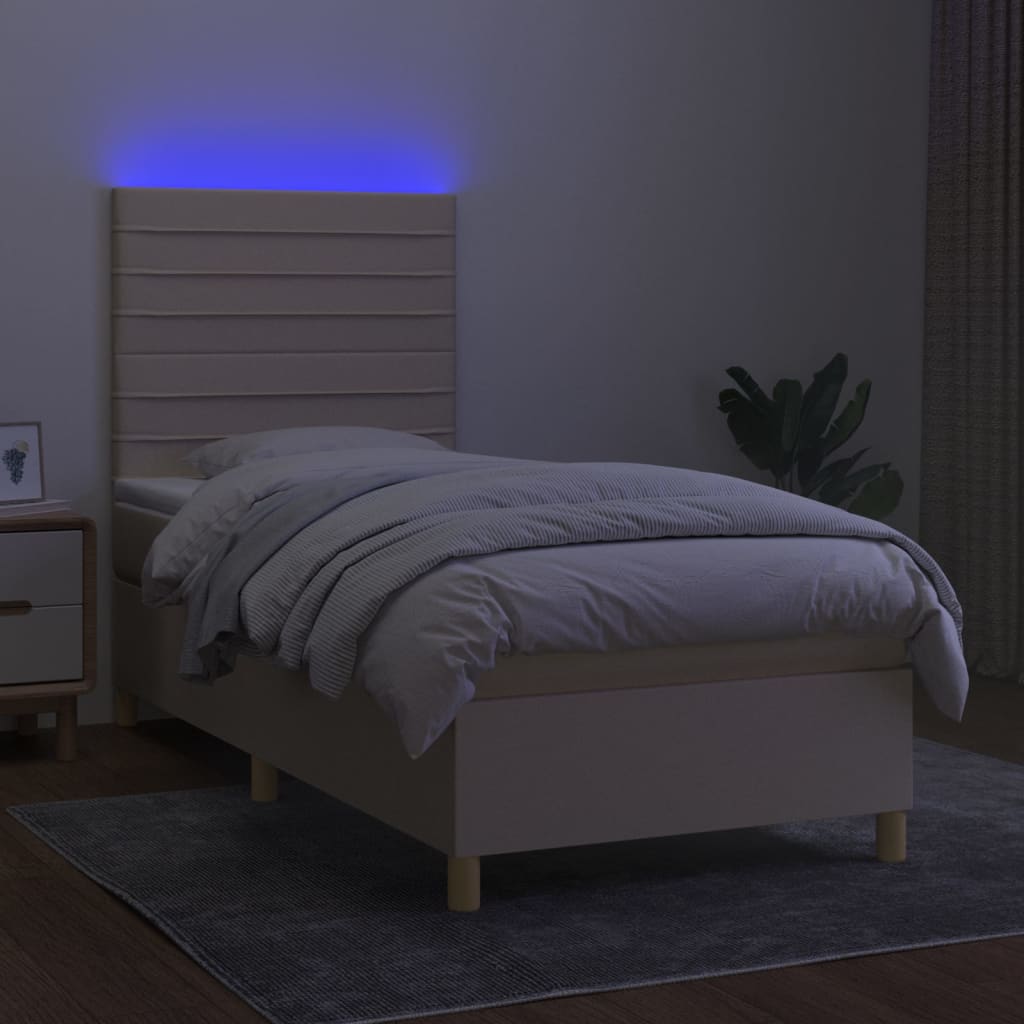 vidaXL Κρεβάτι Boxspring με Στρώμα & LED Κρεμ 90x190 εκ. Υφασμάτινο