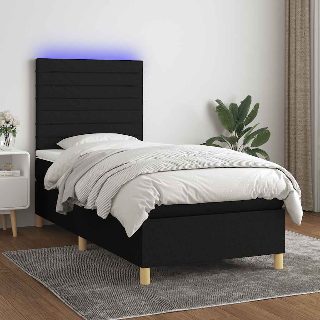 vidaXL Κρεβάτι Boxspring με Στρώμα & LED Μαύρο 90x200 εκ. Υφασμάτινο