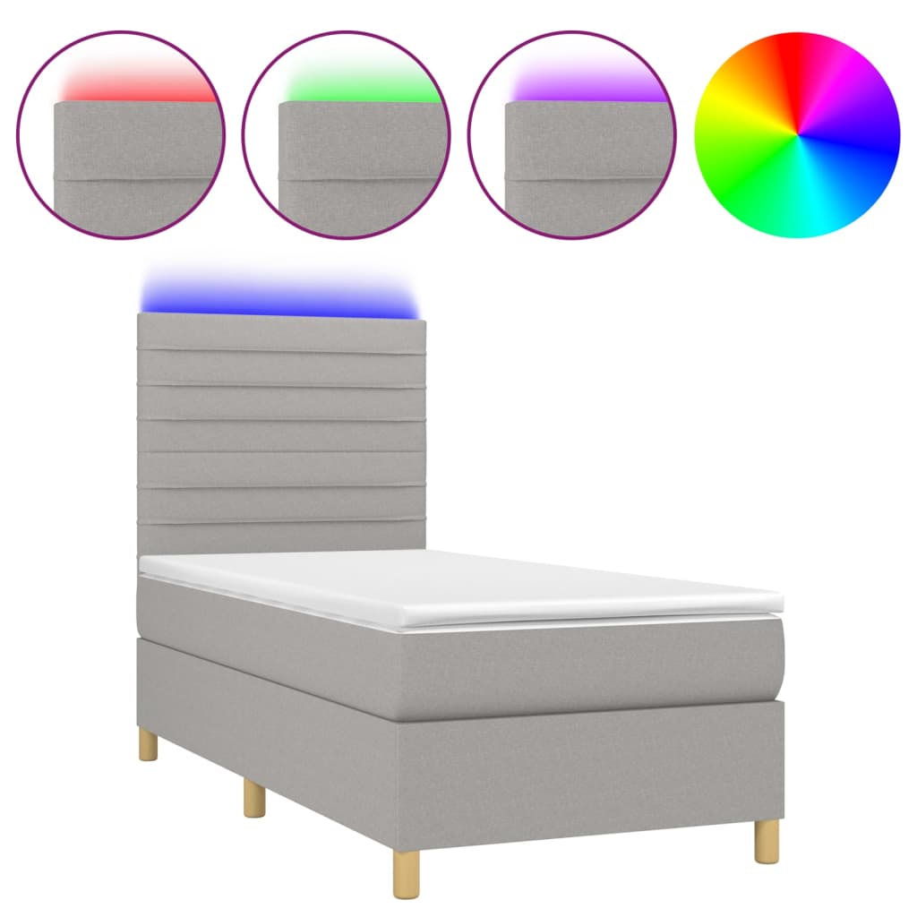 vidaXL Κρεβάτι Boxspring με Στρώμα & LED Αν.Γκρι 100x200εκ. Υφασμάτινο